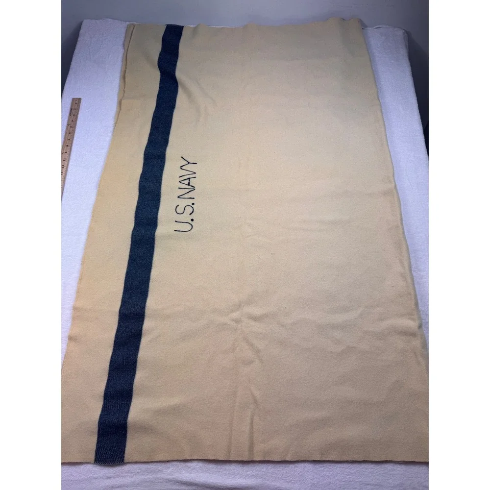 Vintage US Navy Wool Medical Blanket Cream Tan with Blue Stripe Military Issue